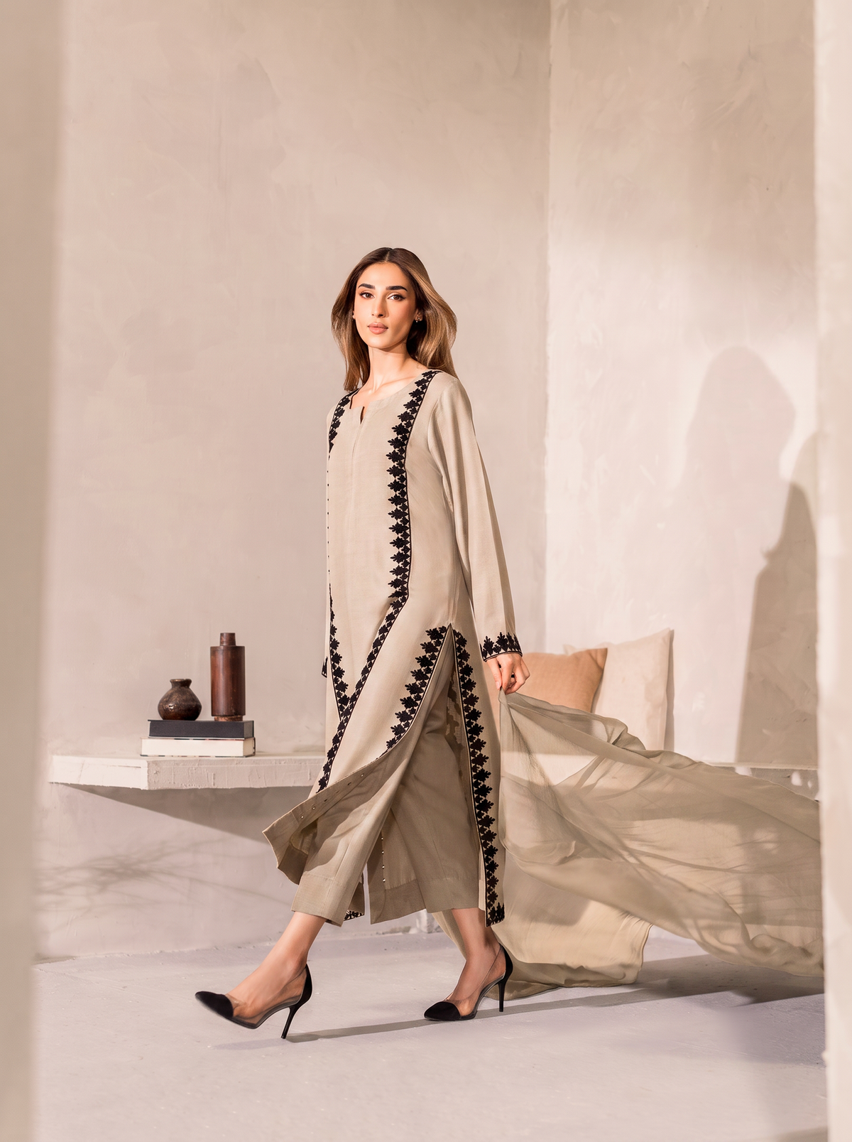 Noir Ivory Embroidered Signature Modest Co-Ord Set With Hand-Dyed Scarf