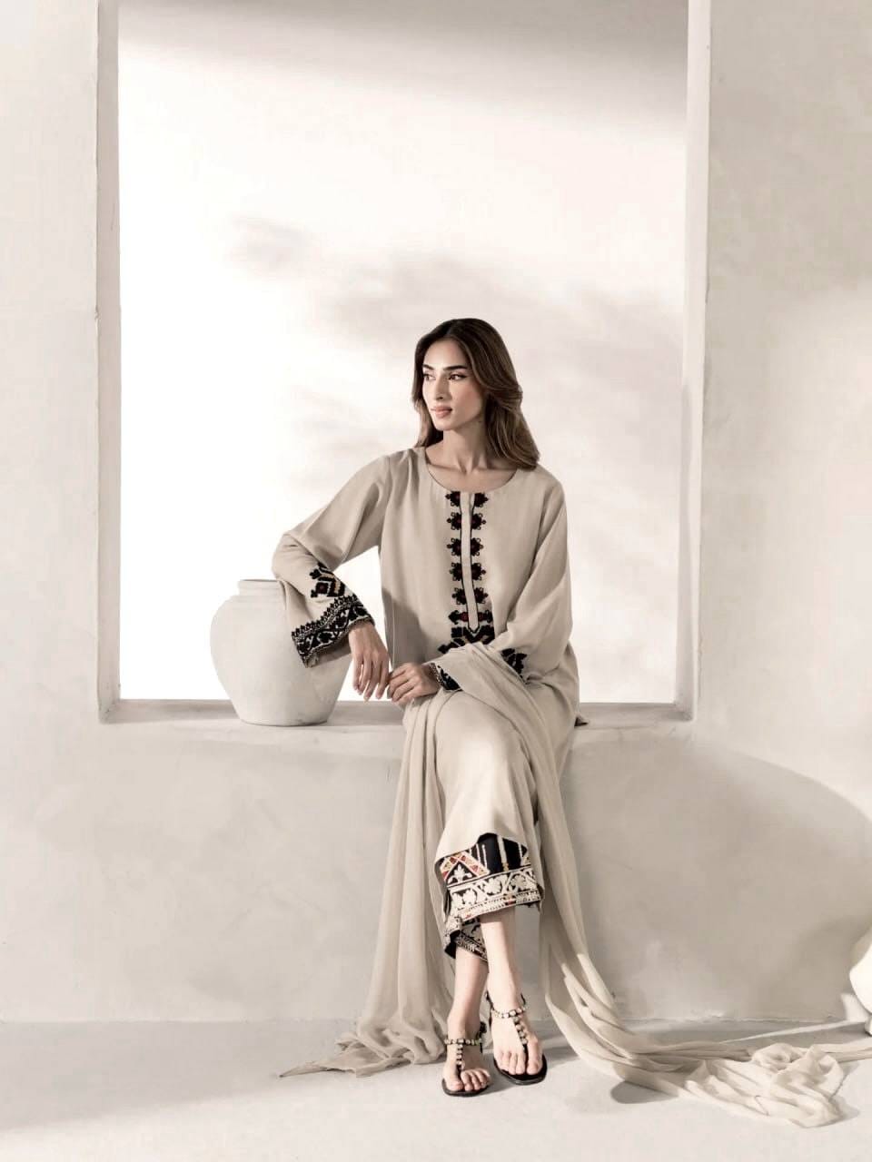 neutral embroidered modest outfit