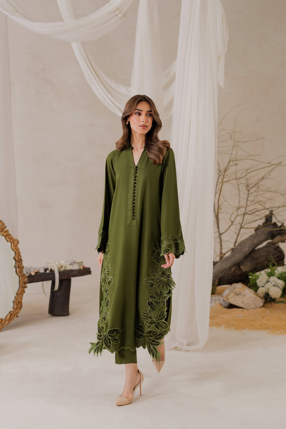 Olive Bloom Handmade Applique Signature Modest Kurta Set