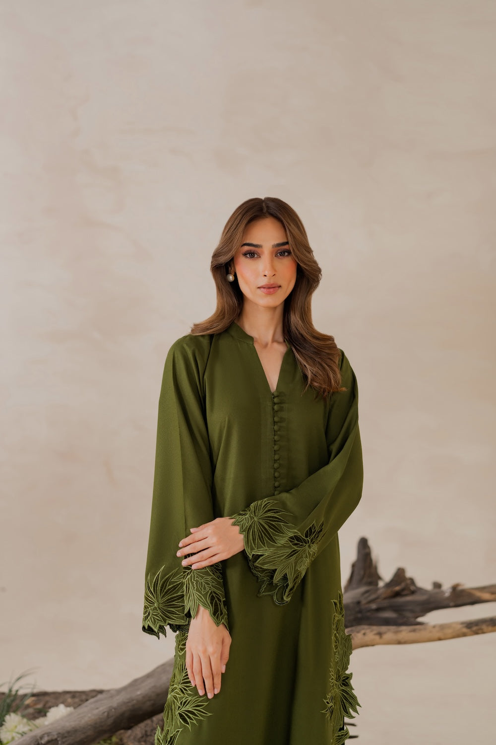 olive modest outfit with cutwork detailing