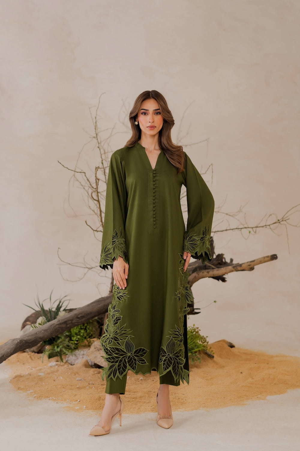 Olive Bloom Handmade Applique Signature Modest Kurta Set