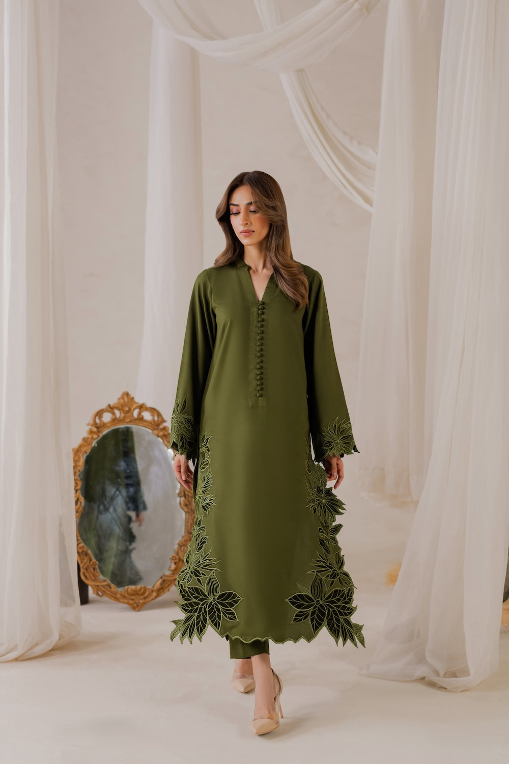 Olive Bloom Handmade Applique Signature Modest Kurta Set