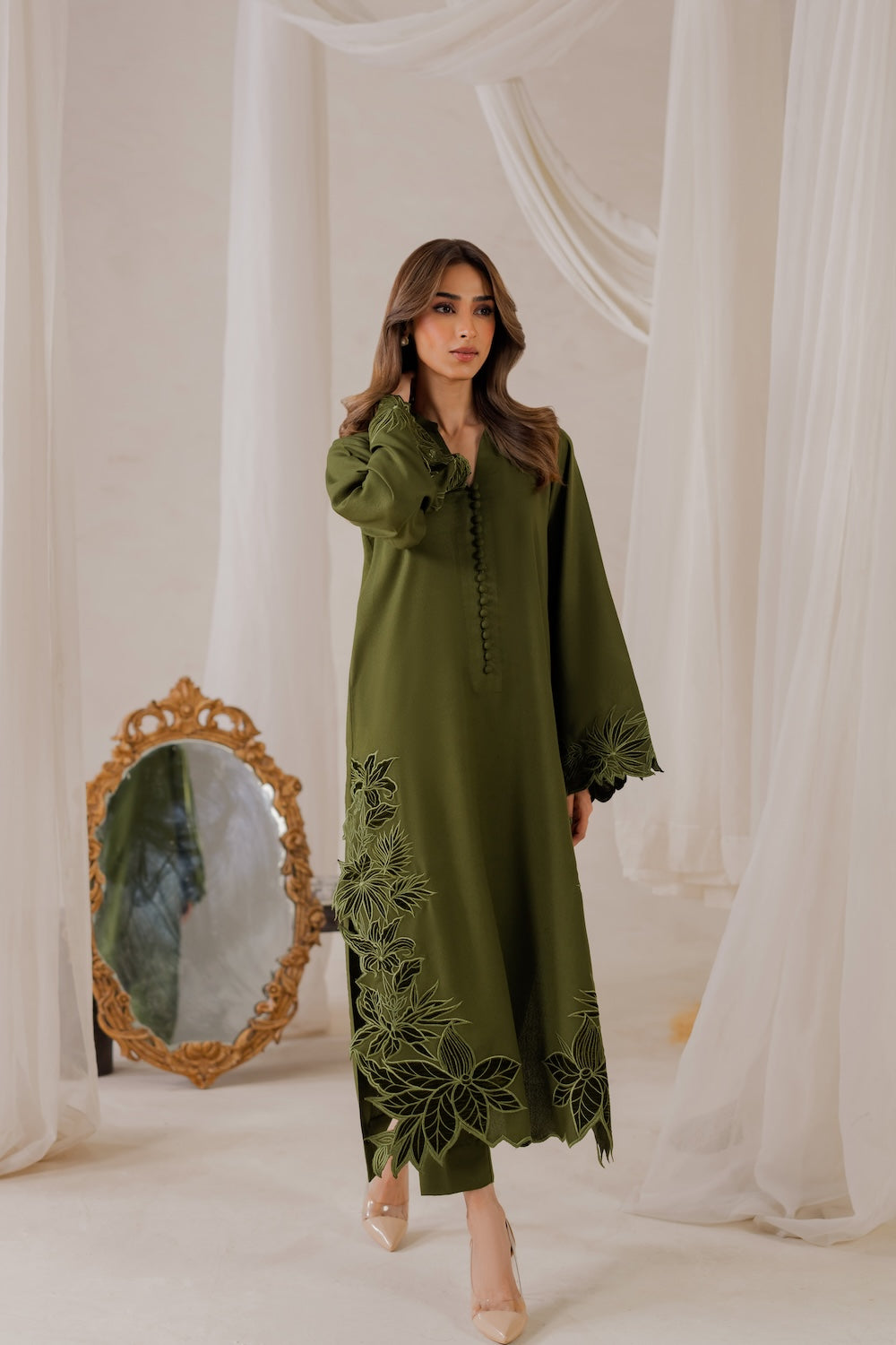 Olive Bloom Handmade Applique Signature Modest Kurta Set