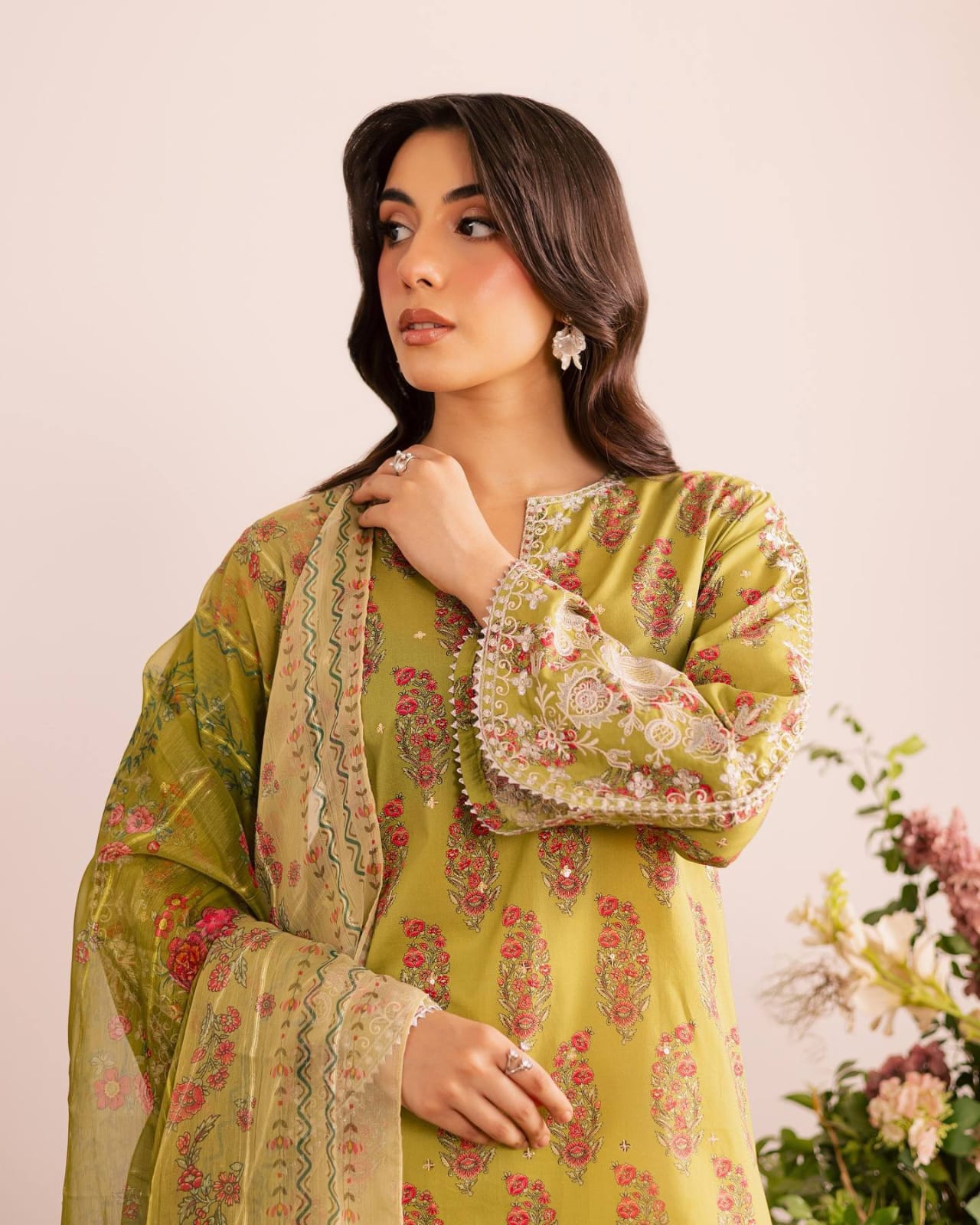 olive green embroidered coord set