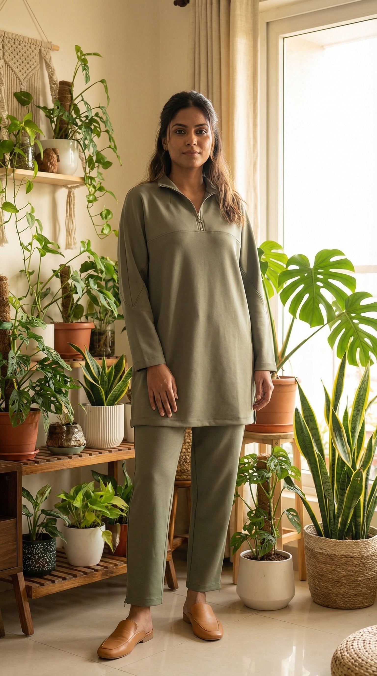 Olive Zip Modest Longline High-Neck Tunic