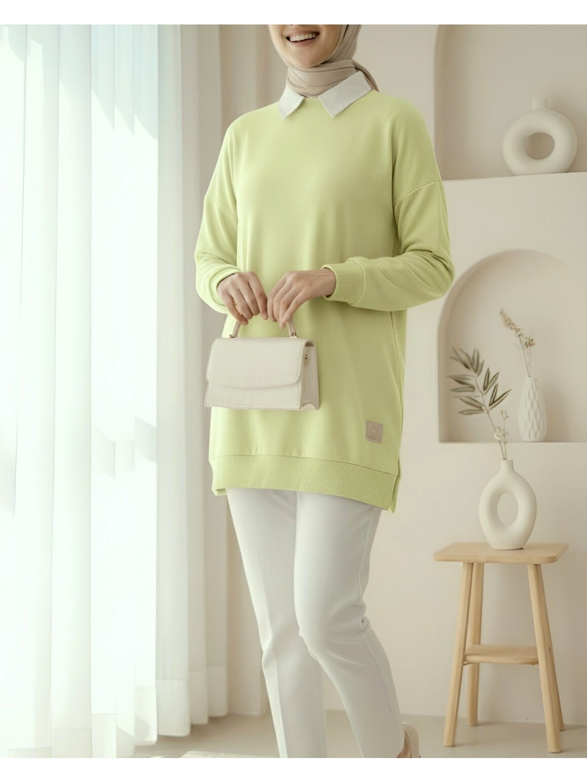 Pastel Yellow Collared Modest Sweatshirt Tunic