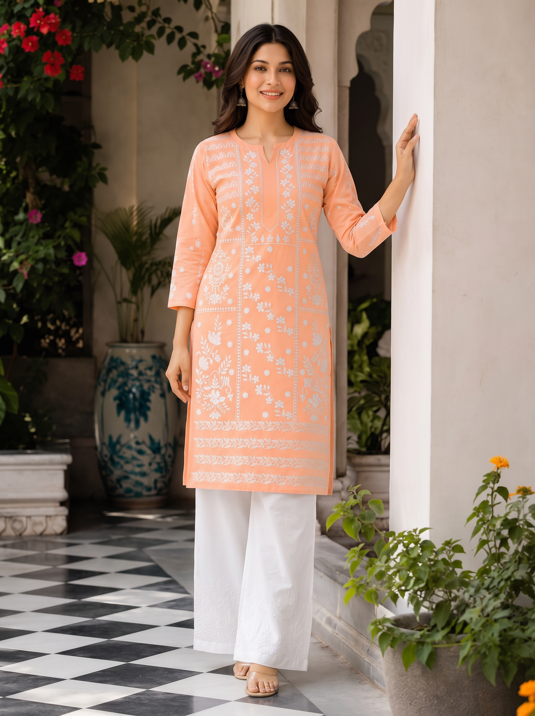peach embroidered rayon cotton co ord set