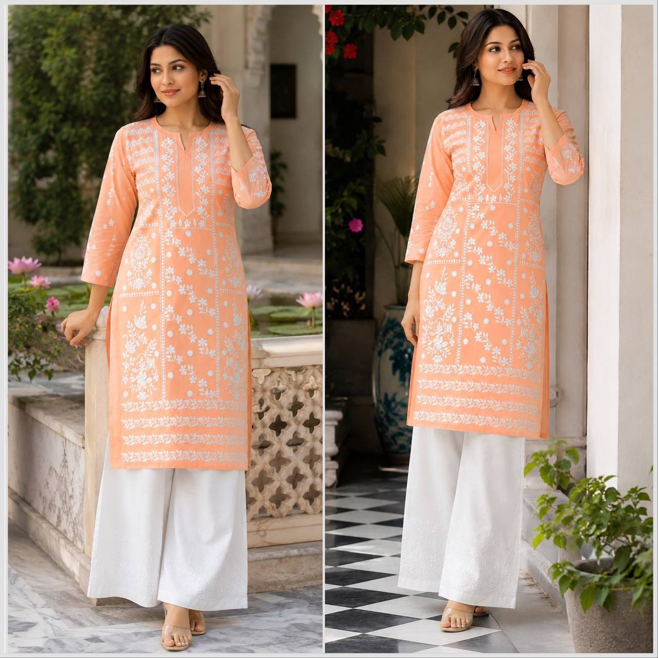 peach embroidered kurta set with pants