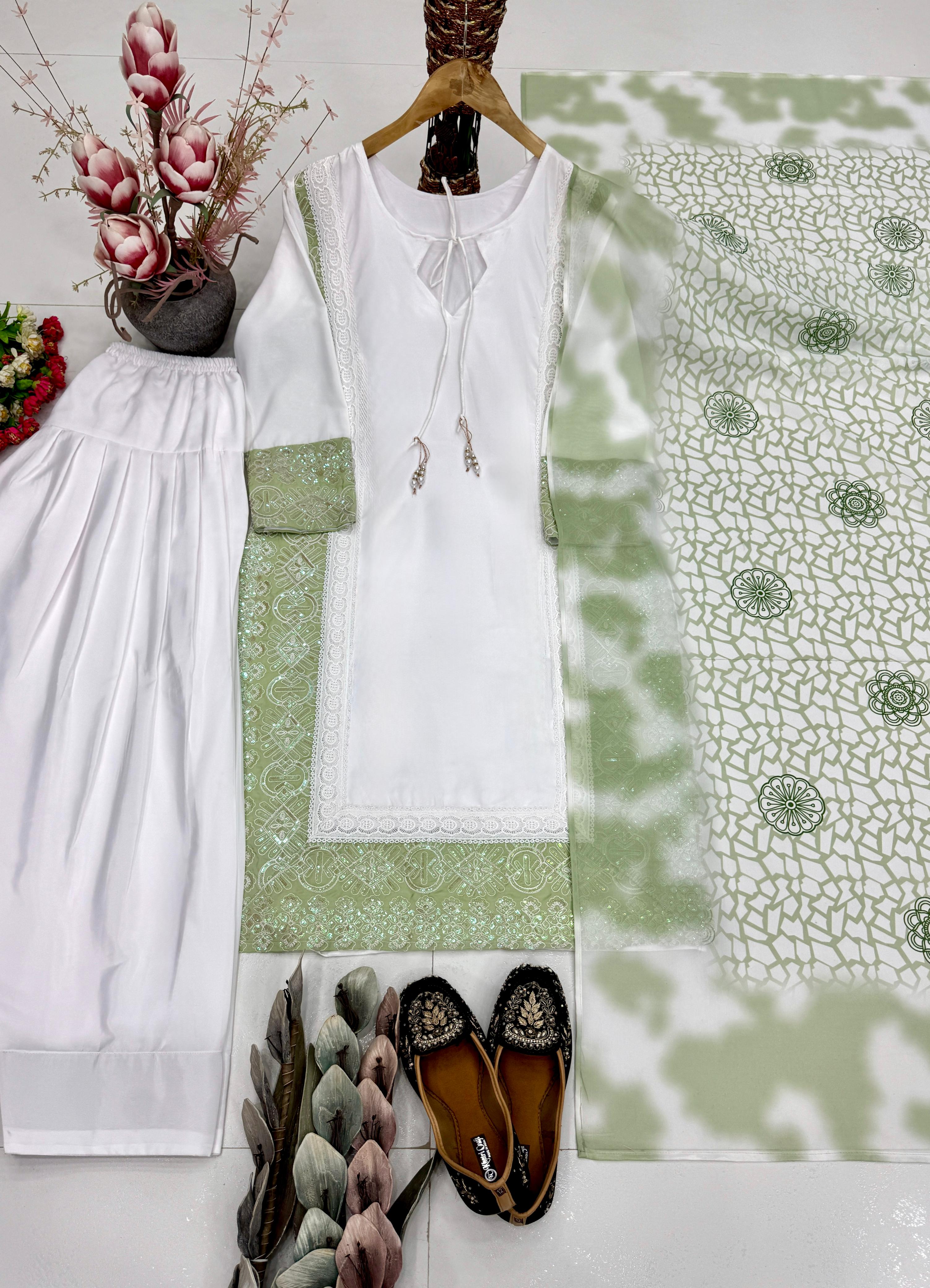 Pearl Sage Signature Embroidered Modest Co-Ord Set | Natural Silk