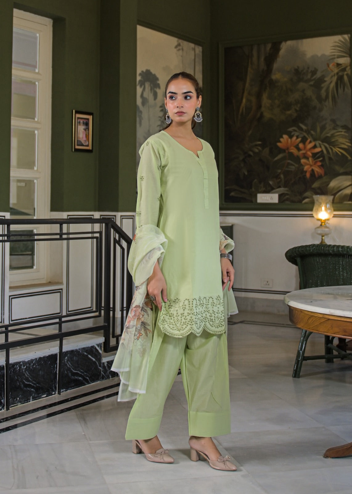 pistachio green embroidered farshi suit women