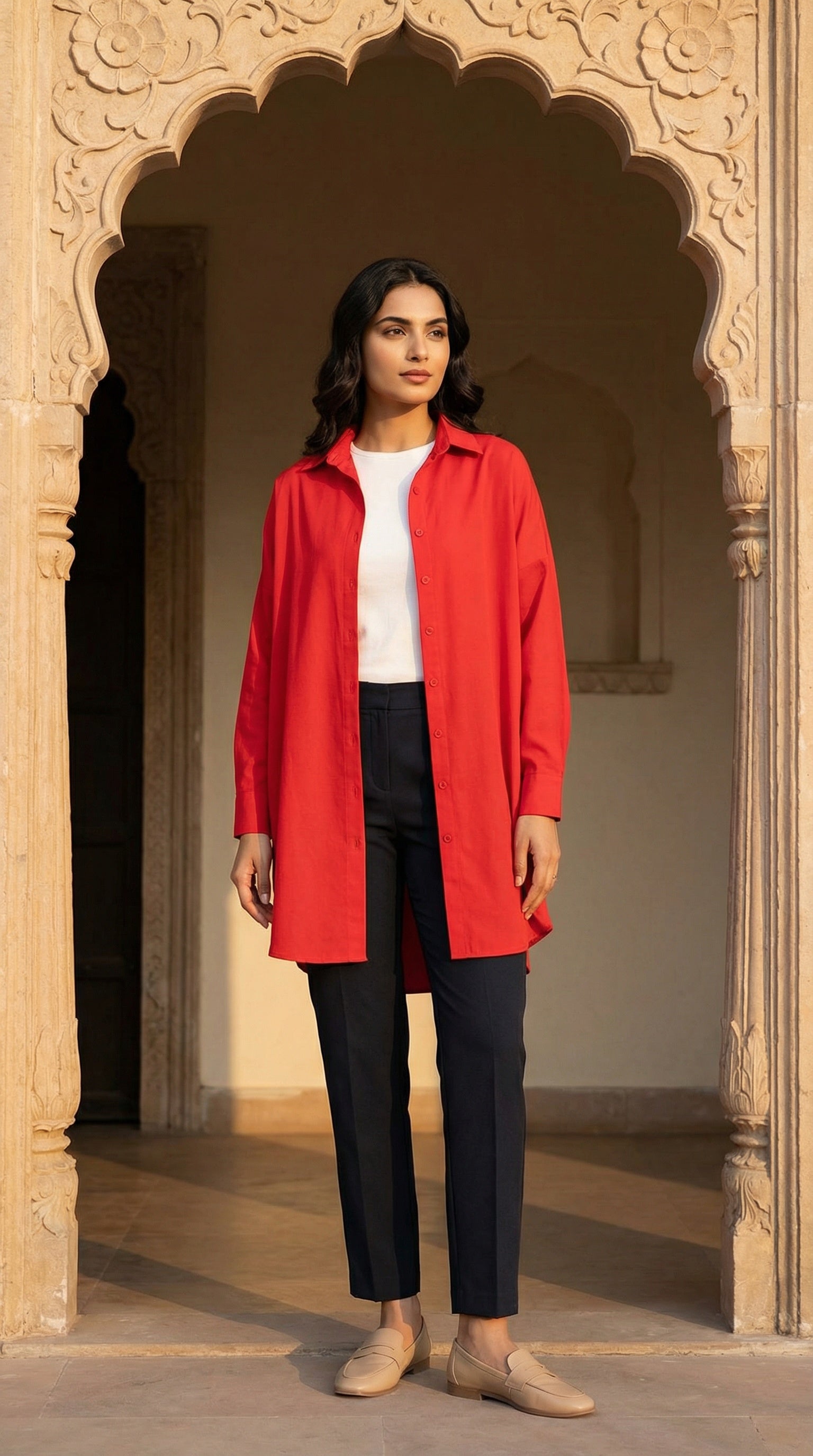 Red Modest Button-Down Tunic – Elegant Longline Shirt