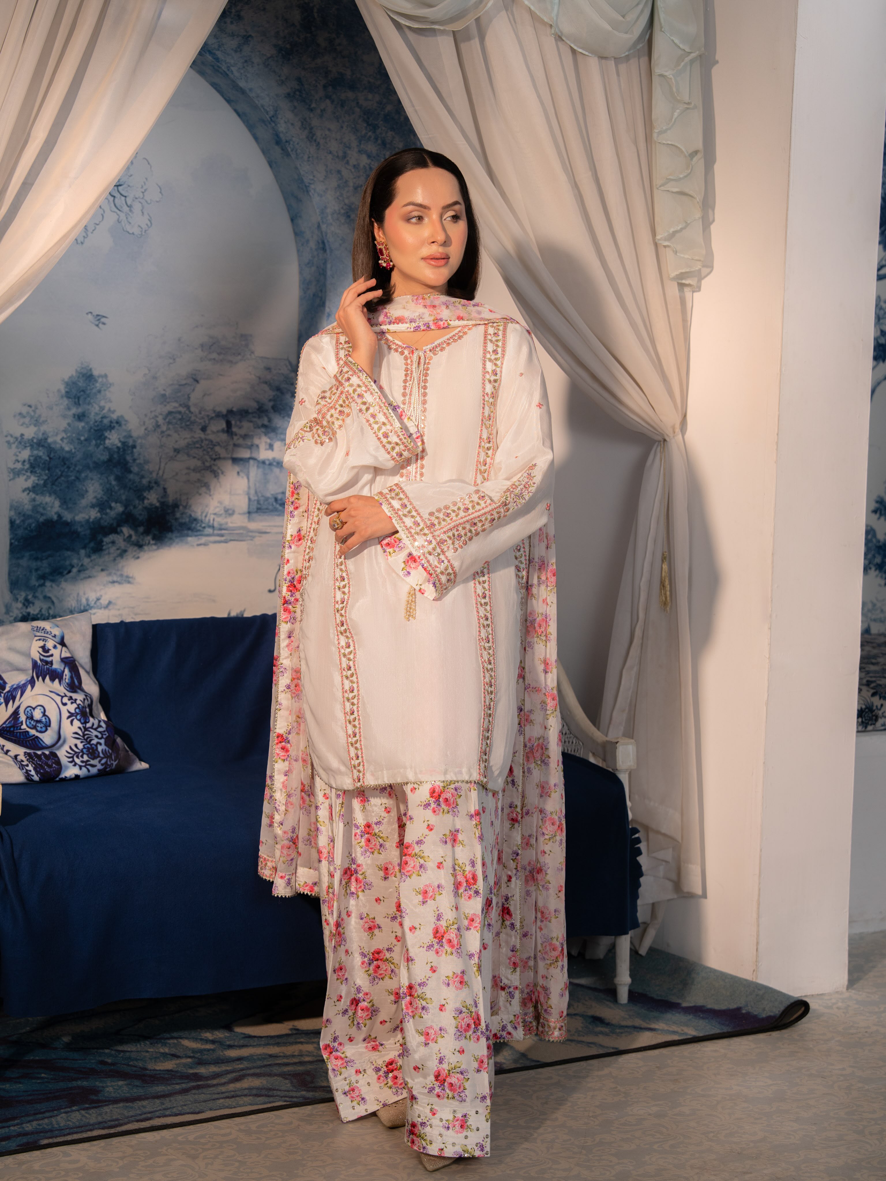 pink green floral Farshi Shalwar