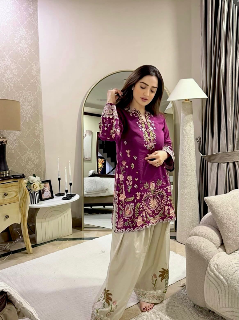 plum embroidered farshi pant set women