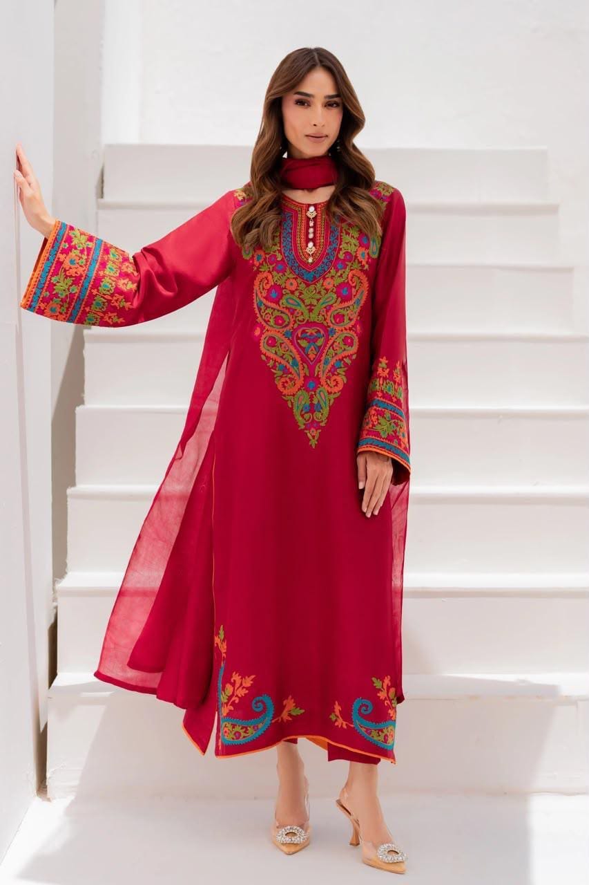 Ruby Arabesque Atelier Modest Co-Ord Set in rich ruby pink with multicoloured ornamental detailing.