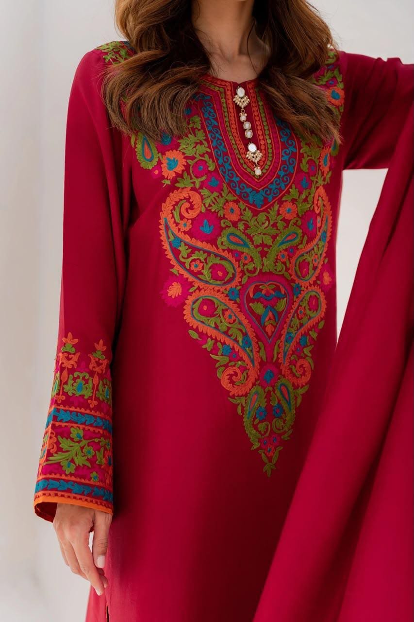 Ruby pink Slub Cotton modest kurta with decorative neckline and front motifs.
