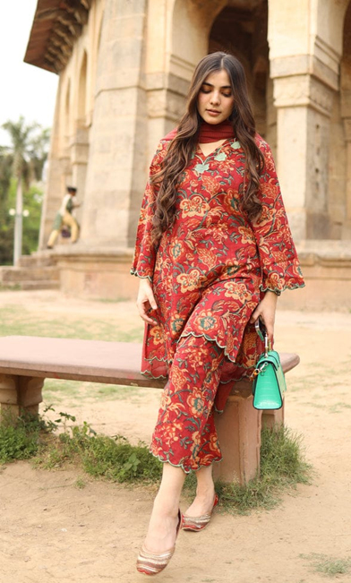 rust printed kurta set with dupatta