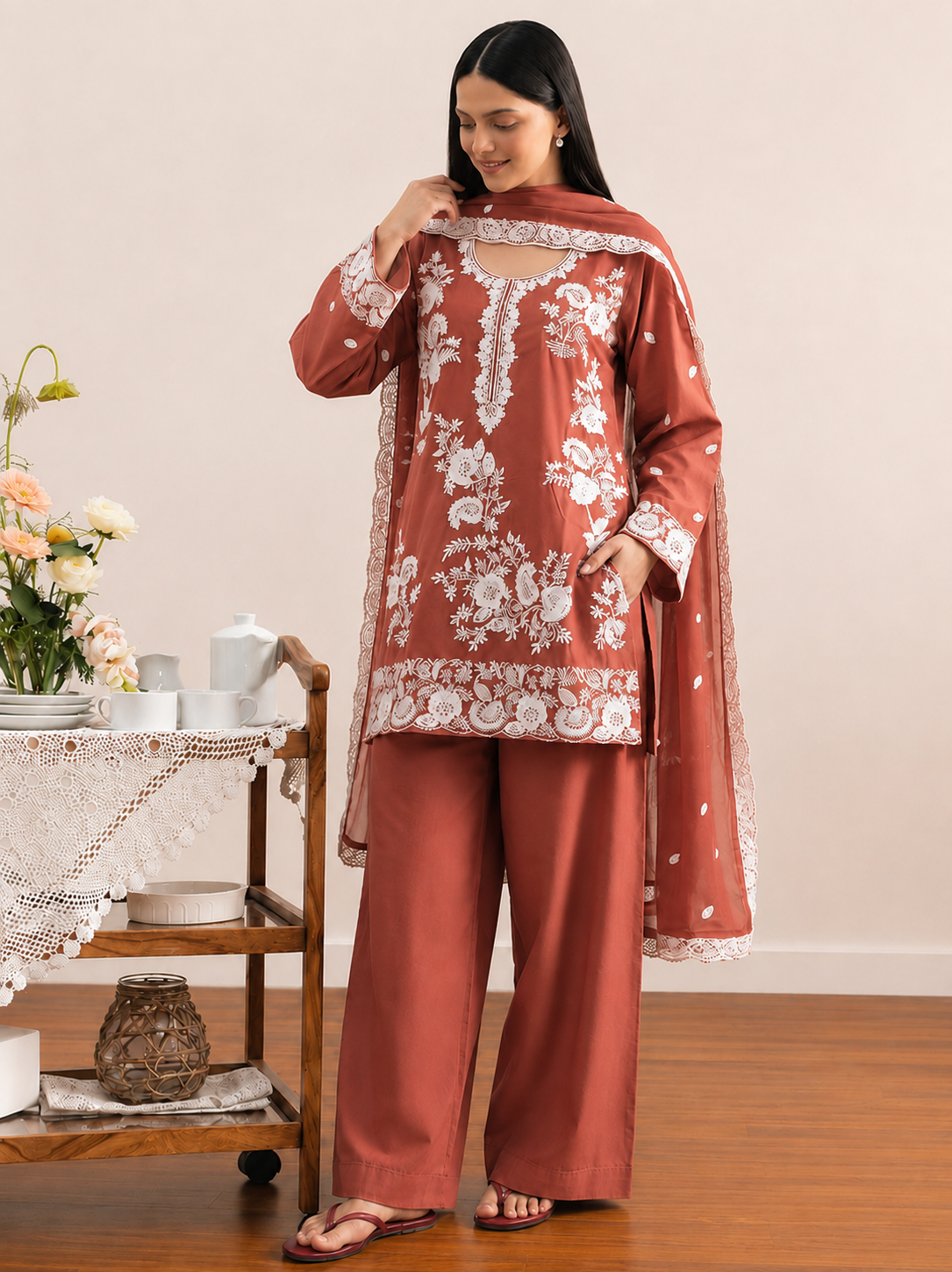 Rust Rose Signature Farshi Modest Co-Ord Set