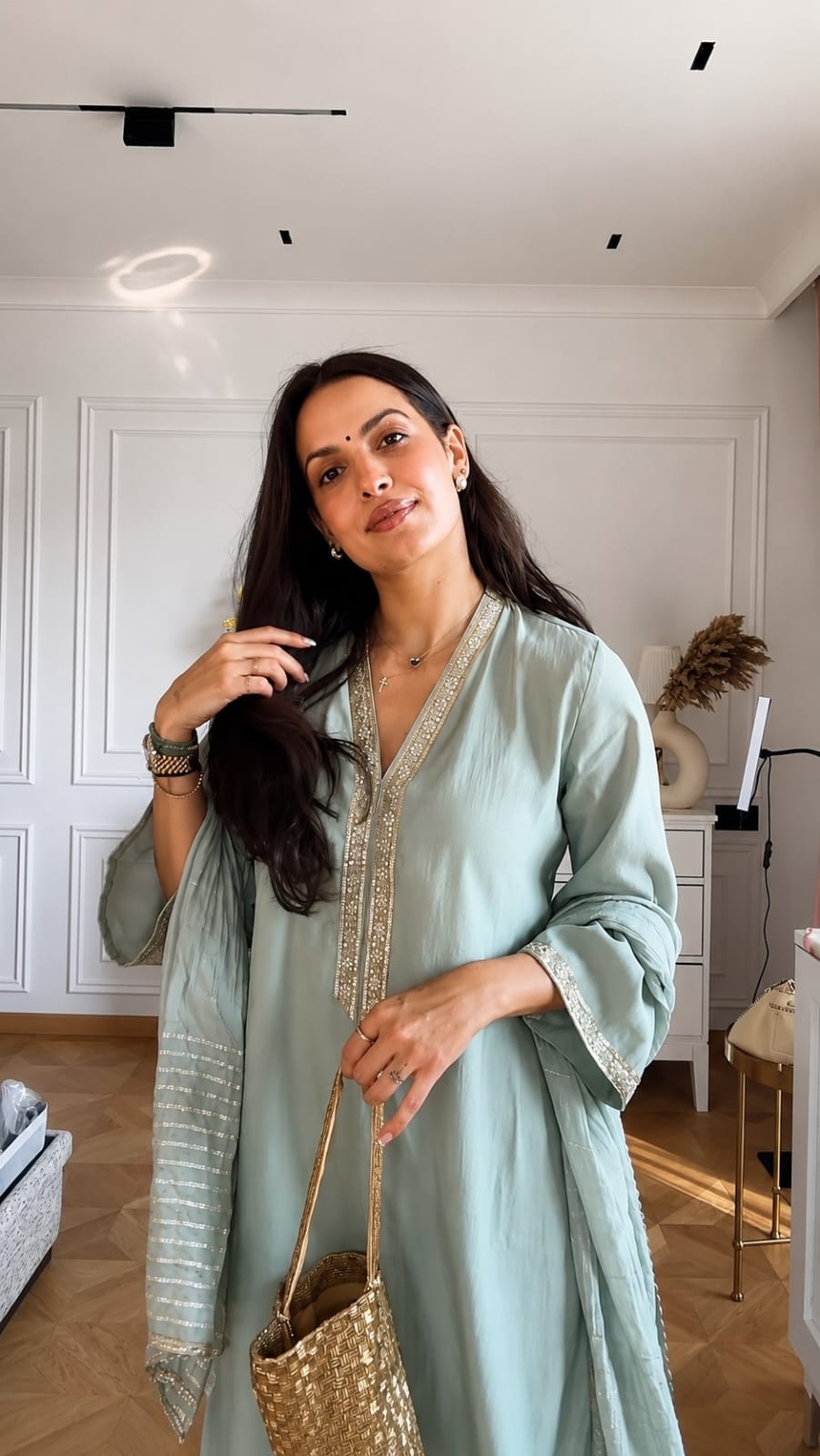 sage green banana silk coord set