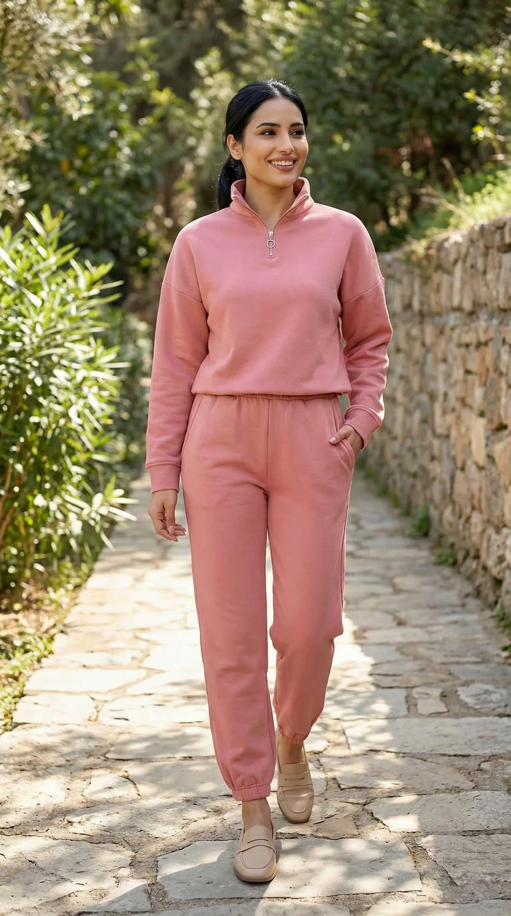 Salmon Blush Modest Three-Thread Tracksuit Set | Haya & Kalos India
