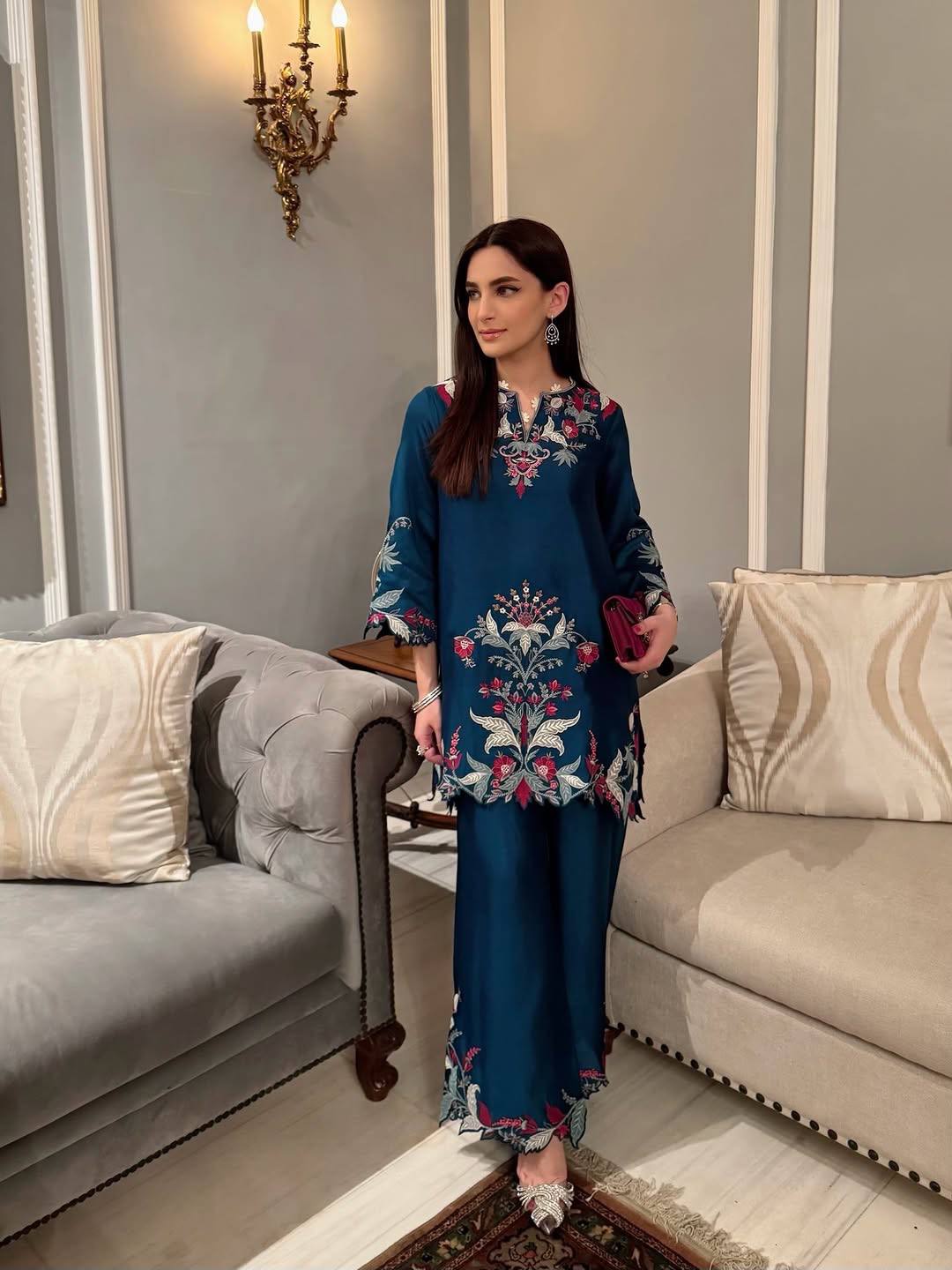 sapphire blue embroidered modest co ord set
