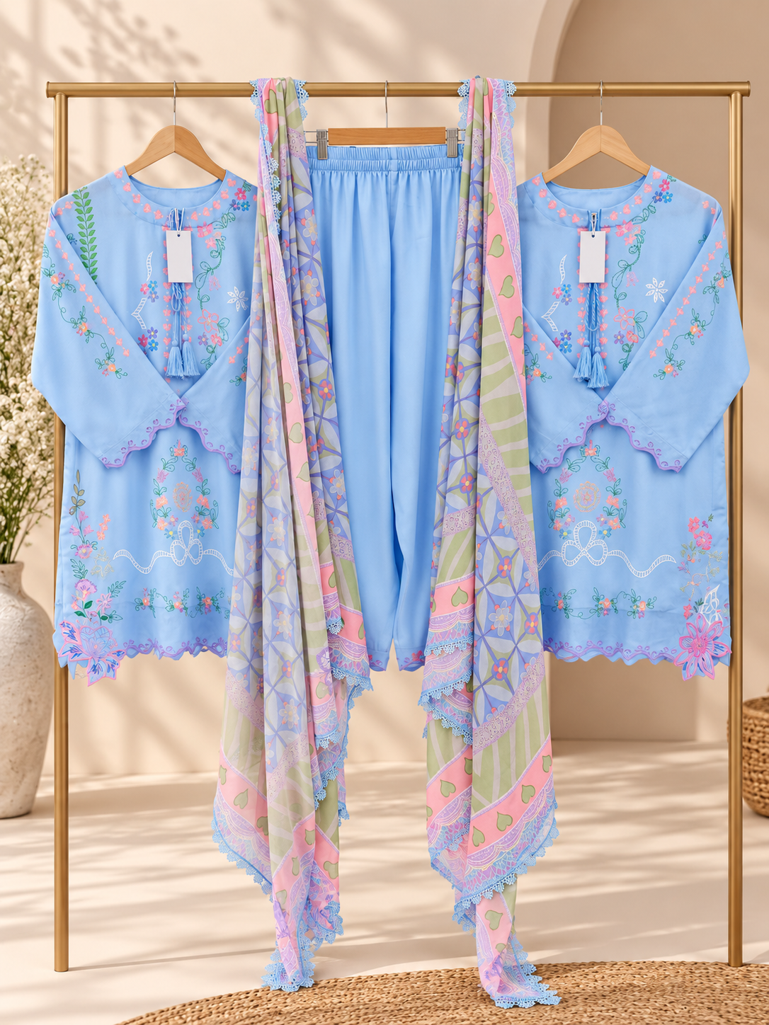 A coordinated clothing set displayed on a gold hanger rack: light blue embroidered kaftan-style tops on both sides, matching light blue pants in the center, and a long pastel patterned scarf draped over the middle. The scene is styled indoors with warm neutral walls, a vase, and woven decor.