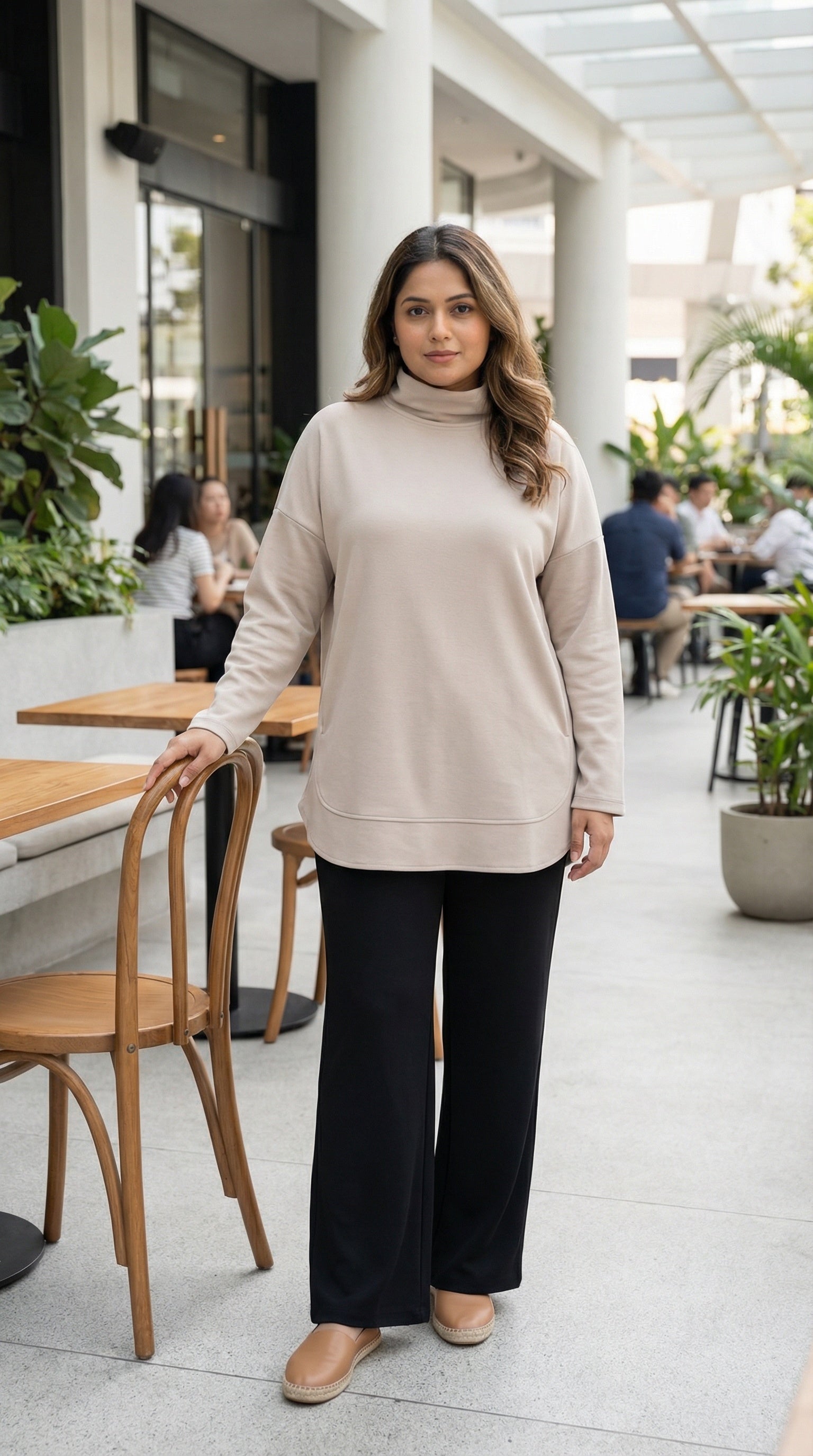 soft beige modest longline tunic with pockets