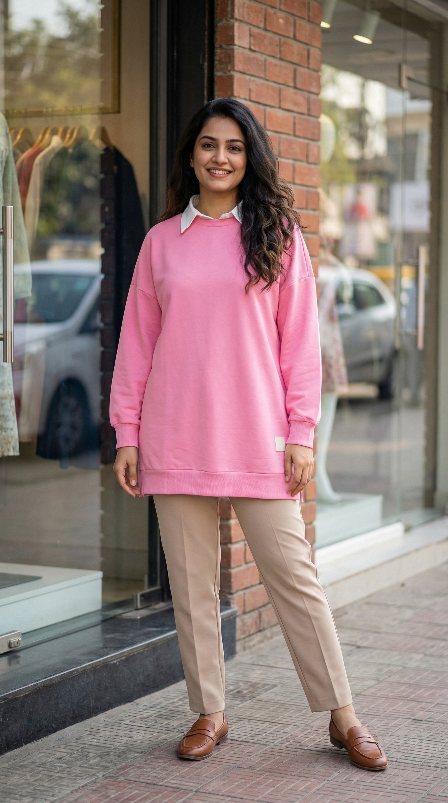 soft pink collared modest sweatshirt tunic