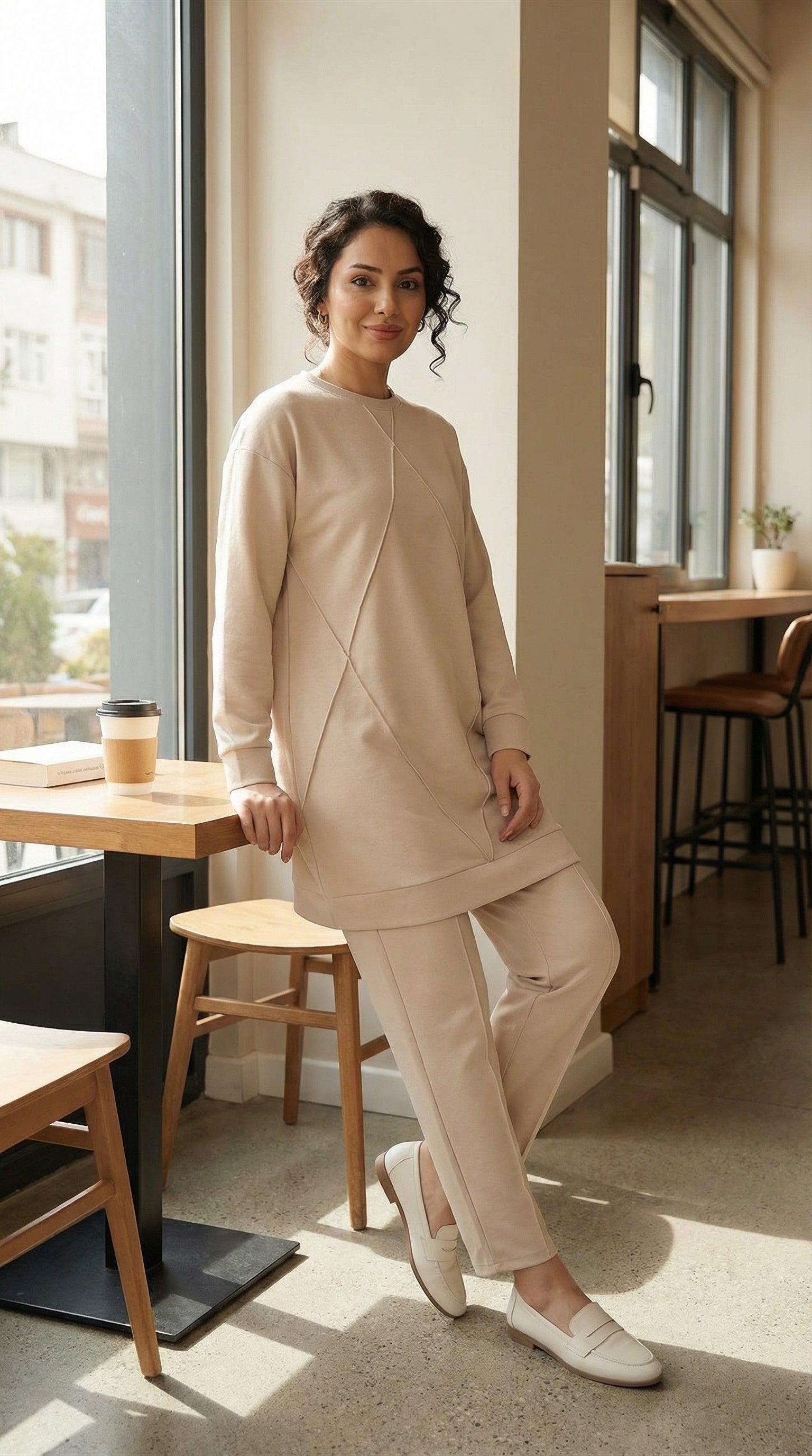 Soft Beige Textured Everyday Modest Co-Ord Set