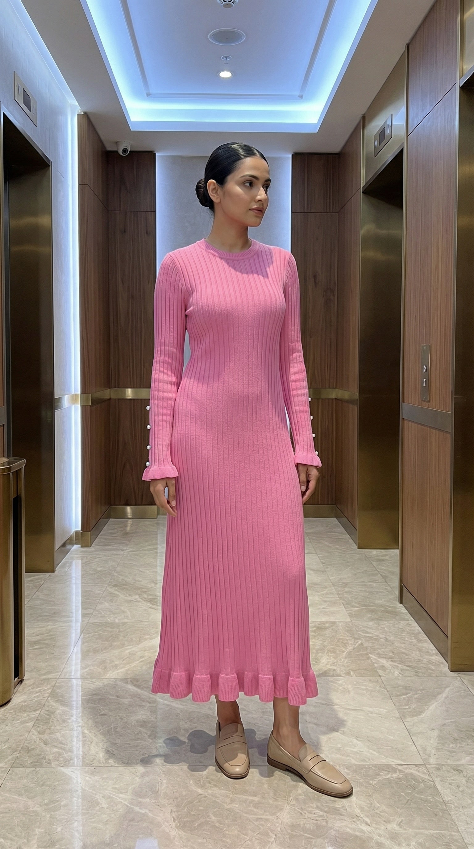 Soft Pink Ribbed Knit Button Detail Modest Maxi Dress