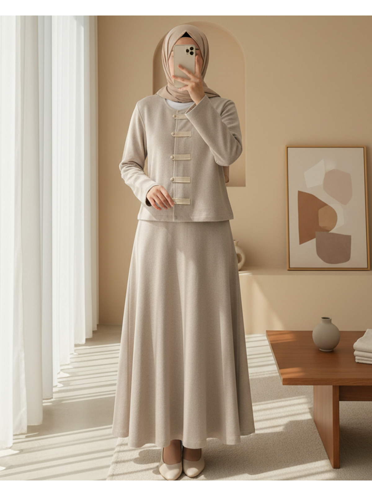 Stone Grey Mandarin Grace Modest Jacket & Skirt Set