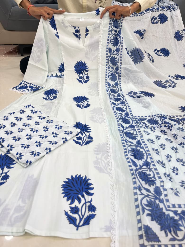 Ivory Indigo Muse Signature Modest Co-Ord Set with Scarf | Pure Jaipuri Taj Cotton