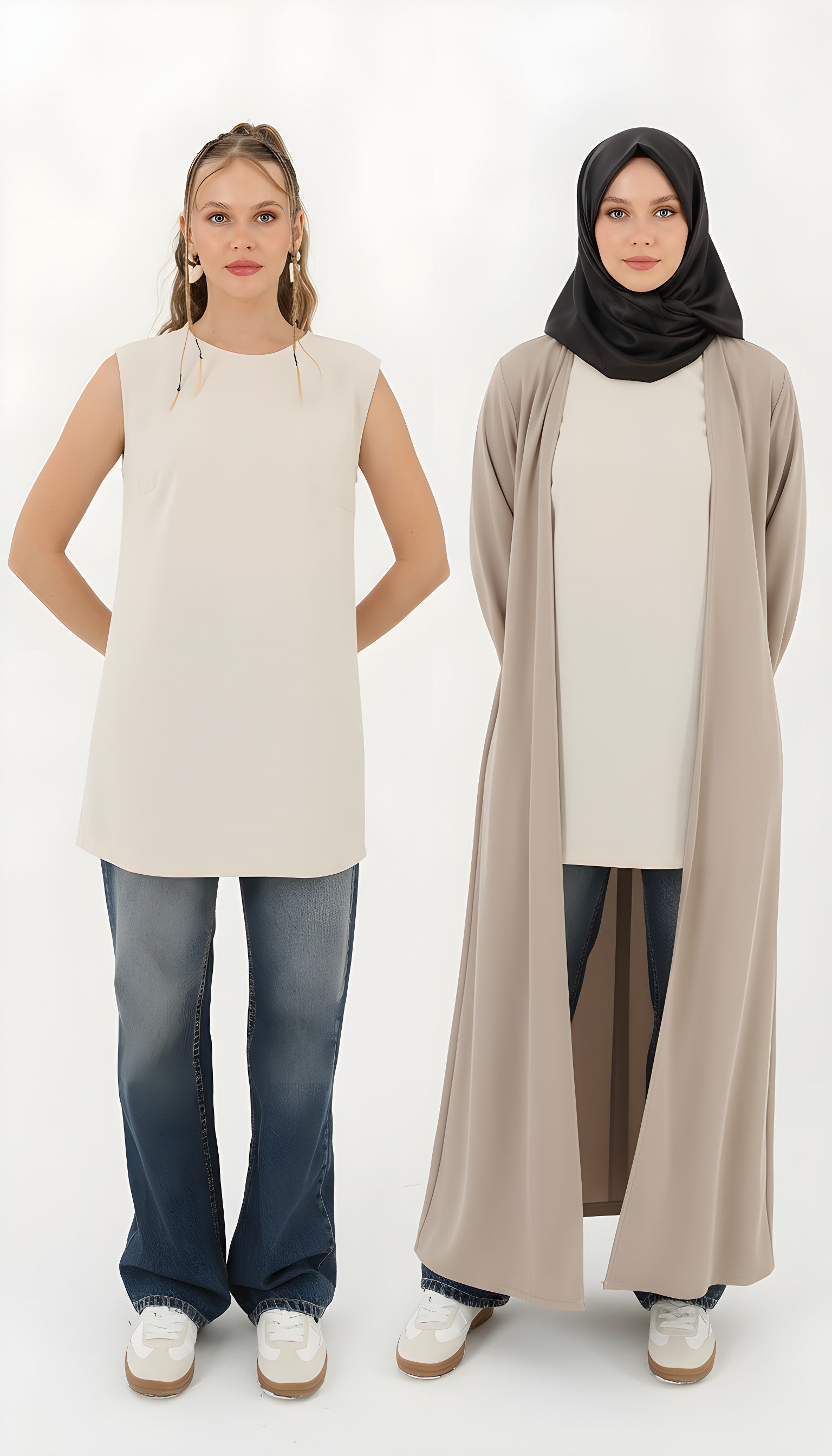 beige sleeveless modest layering tunic