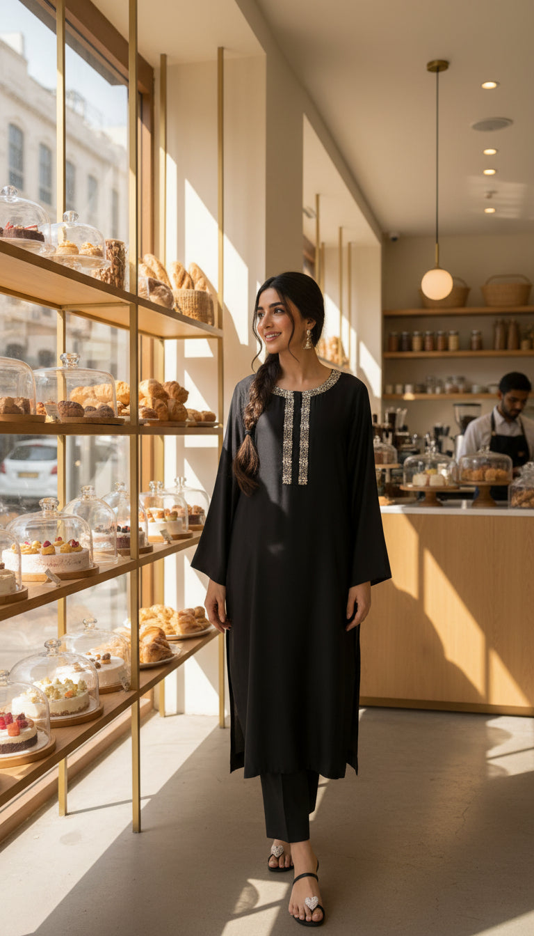 premium elegant black modest co ord set