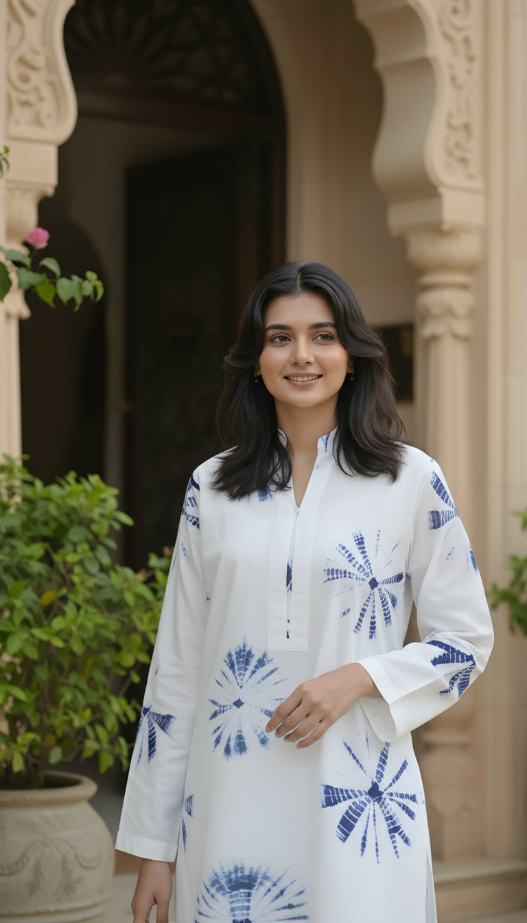 indigo tie dye kurta and farshi shalwar set