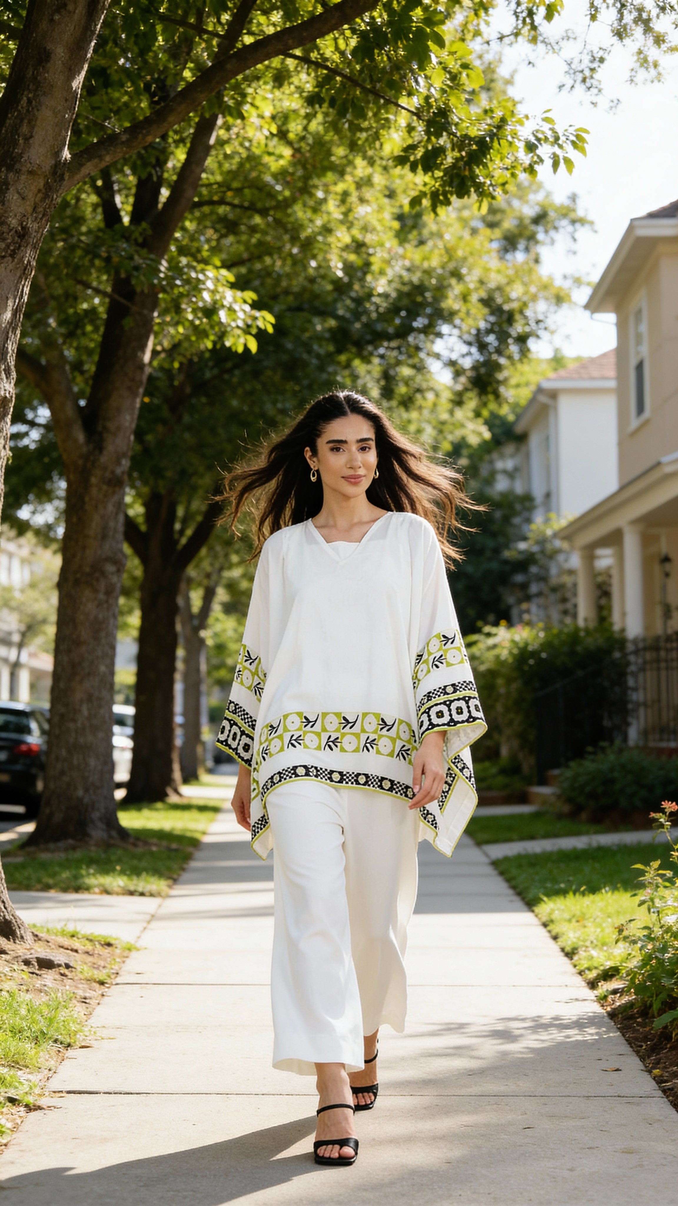 floral border kaftan top wide leg pants set