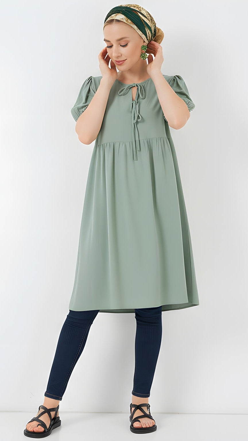 haya and kalos elegant green modest shift dress