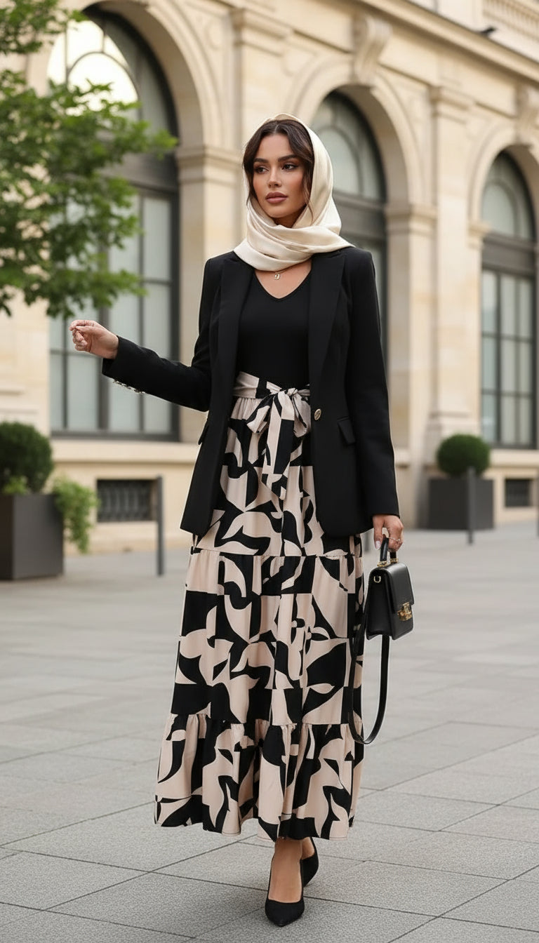 Luxe noir muse modest long printed maxi dress