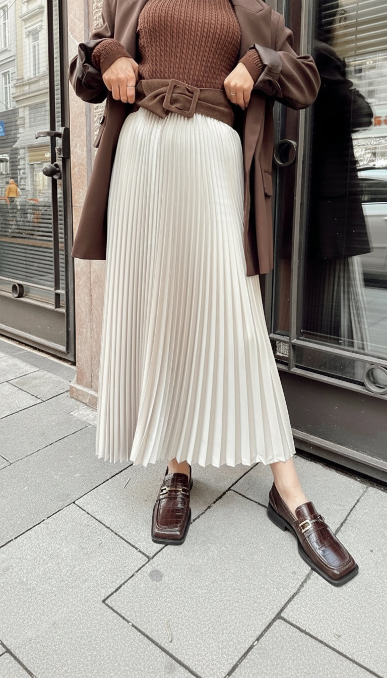 soft grey pleated elastic waist modest maxi skirt