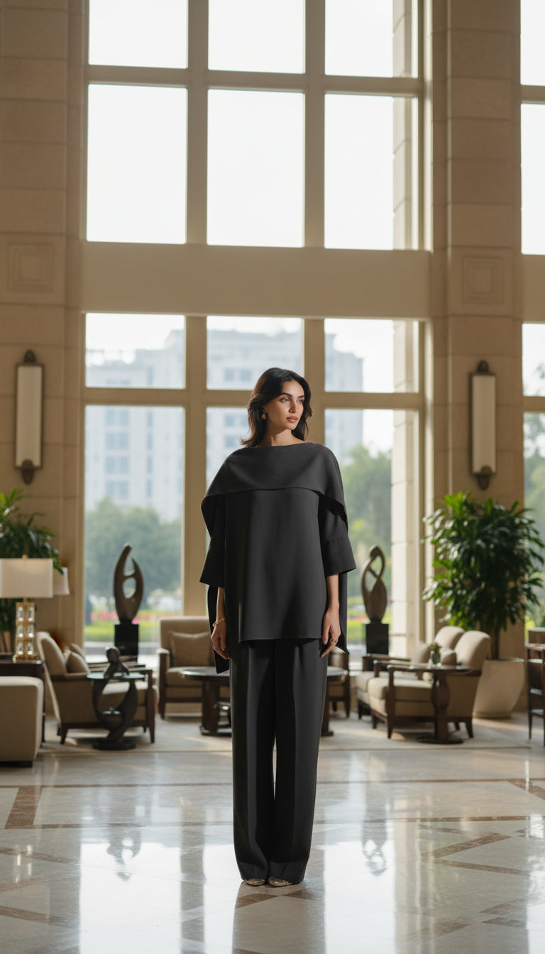 modest black wide leg pants set haya and kalos