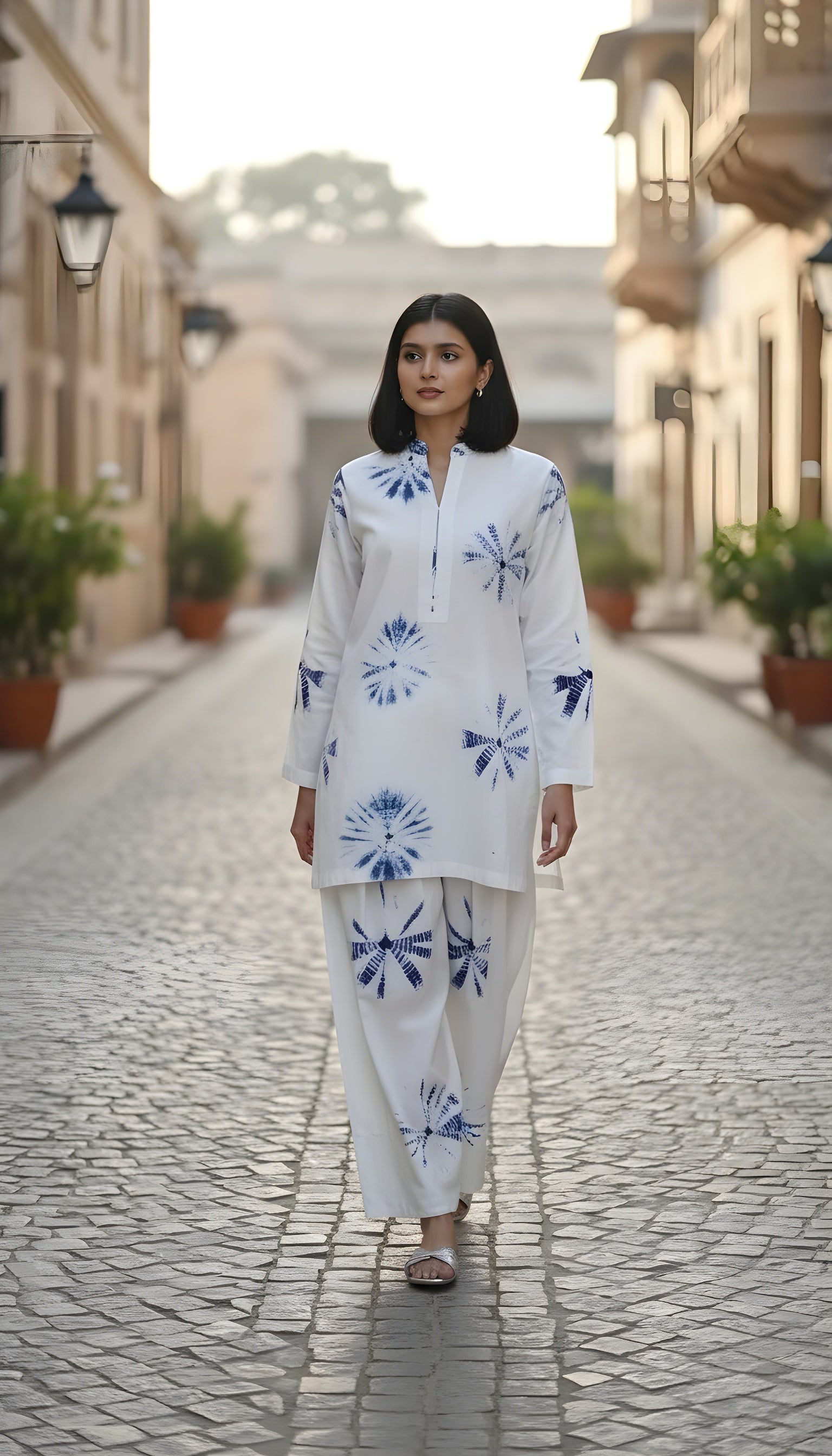 indigo starburst tie dye modest farshi co ord set