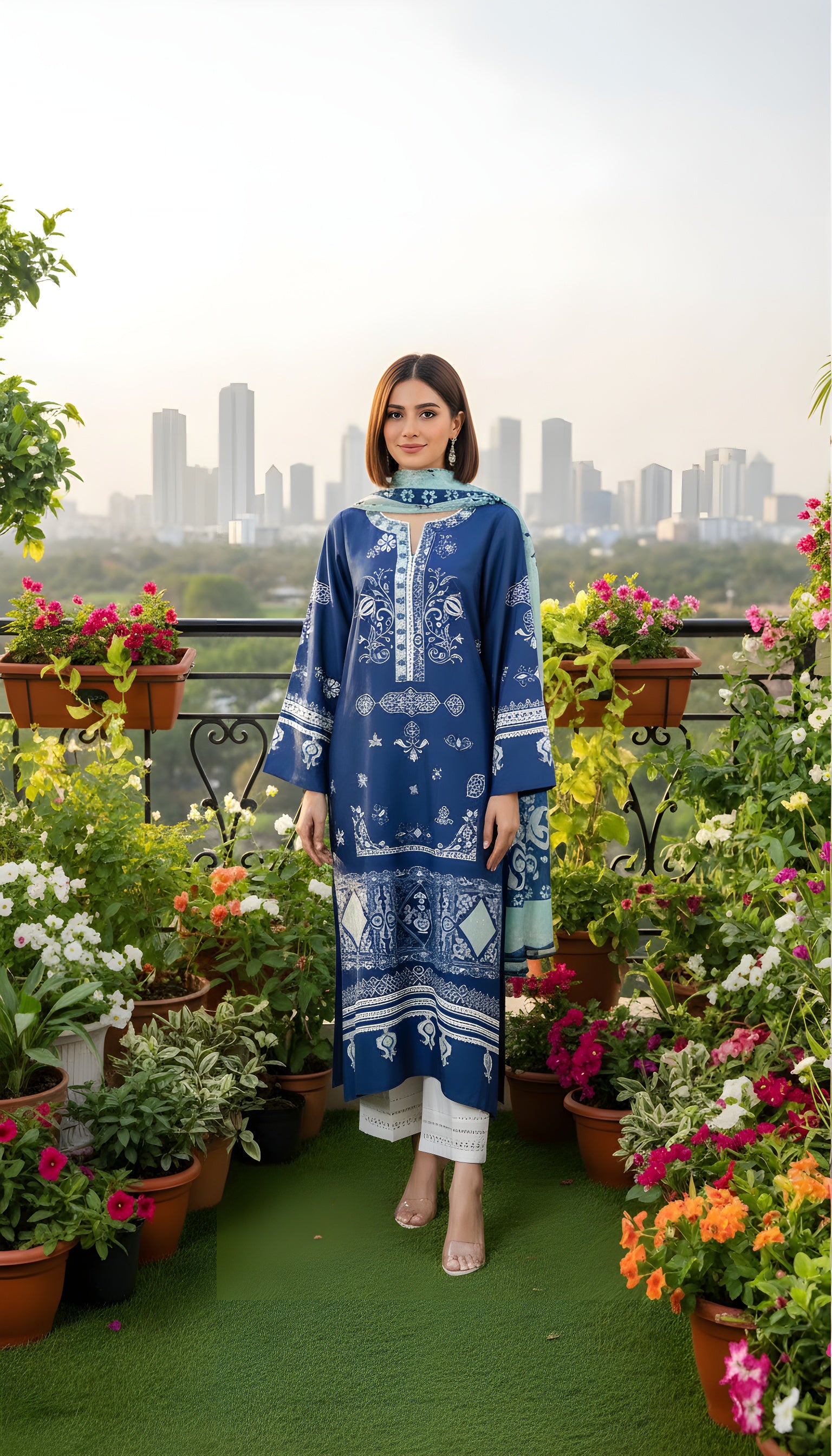 blue printed eastern modest outfit for women