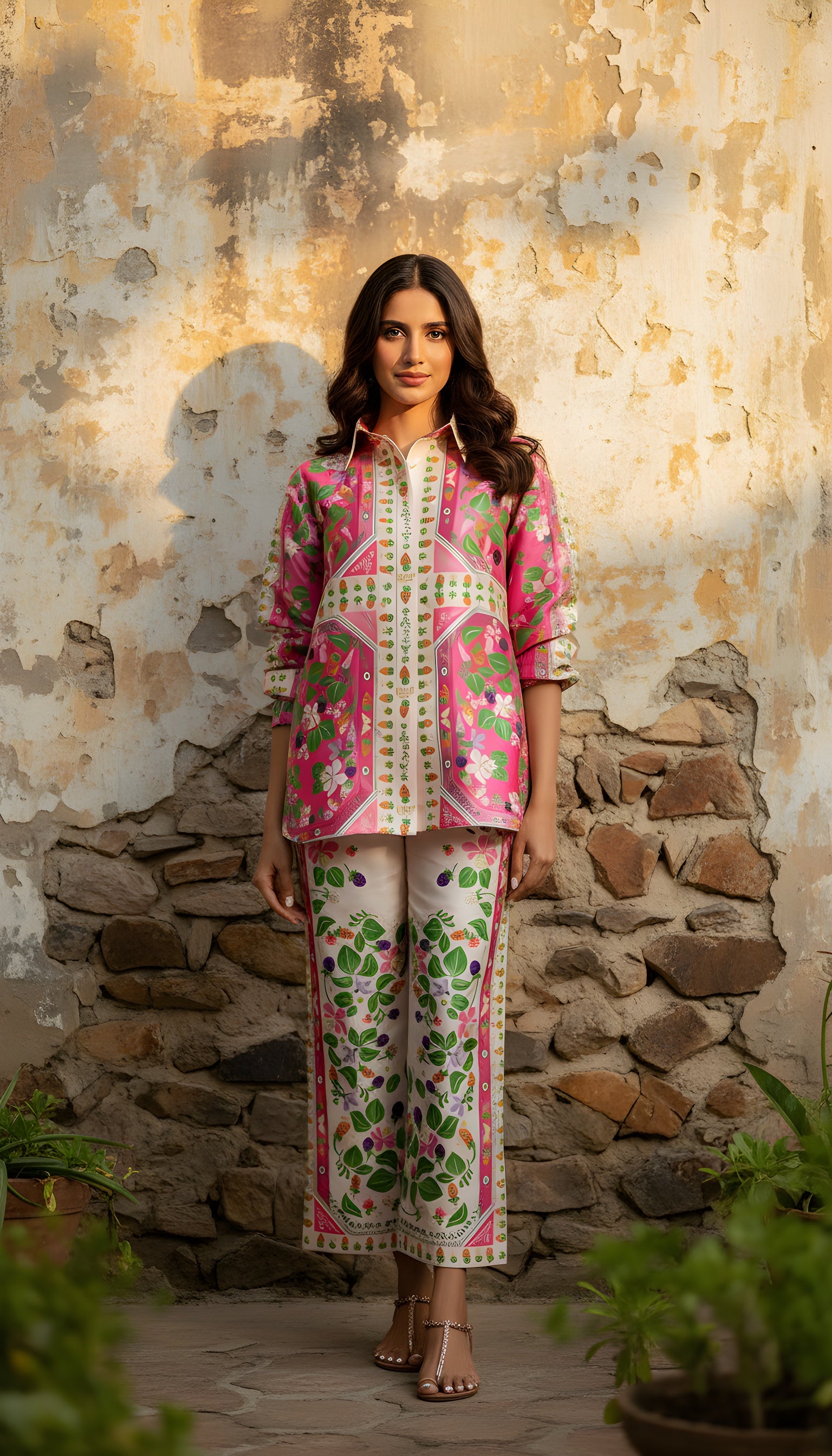 cotton silk printed fuchsia kurta set