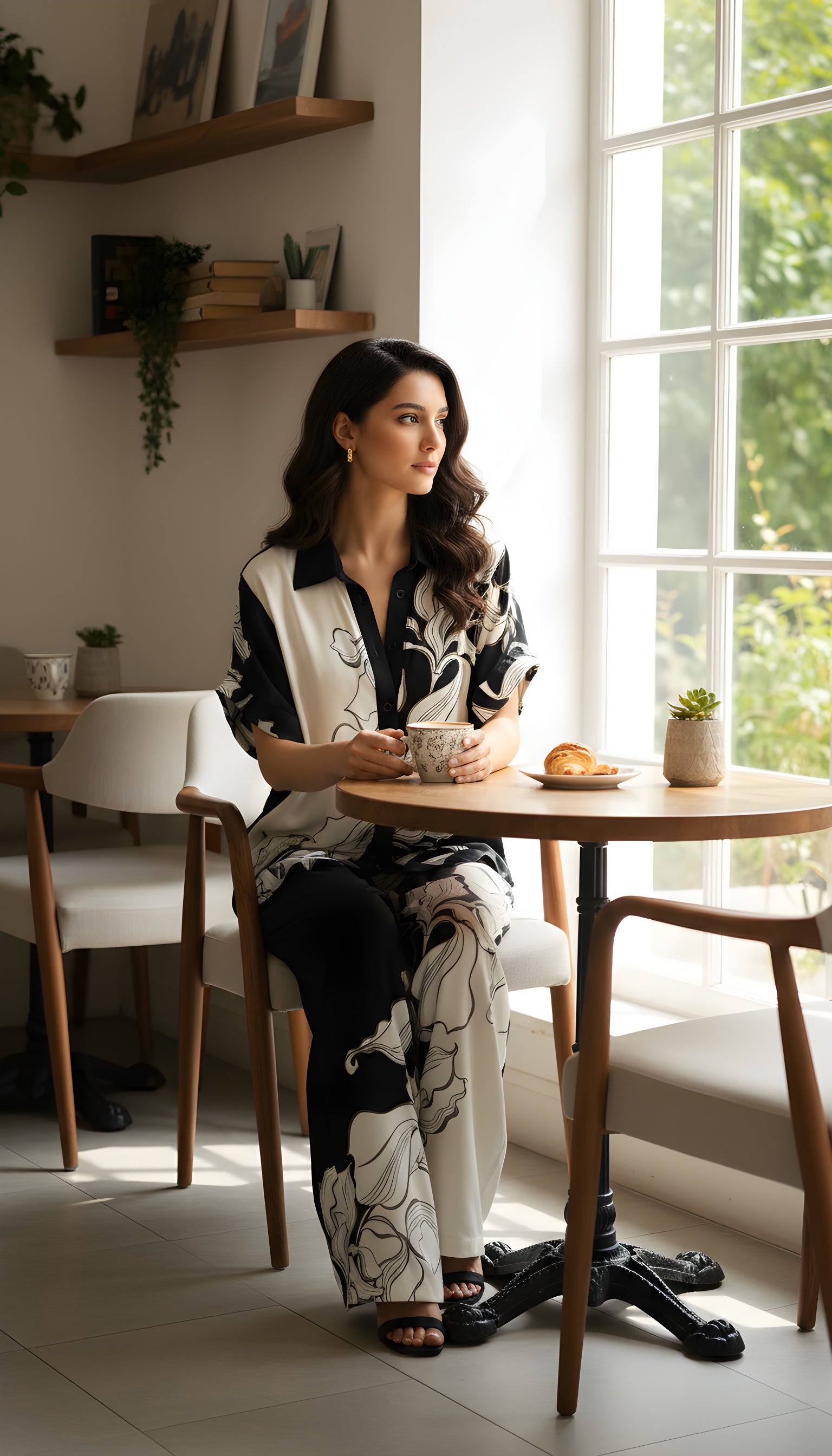 modest button down shirt and wide leg pants set