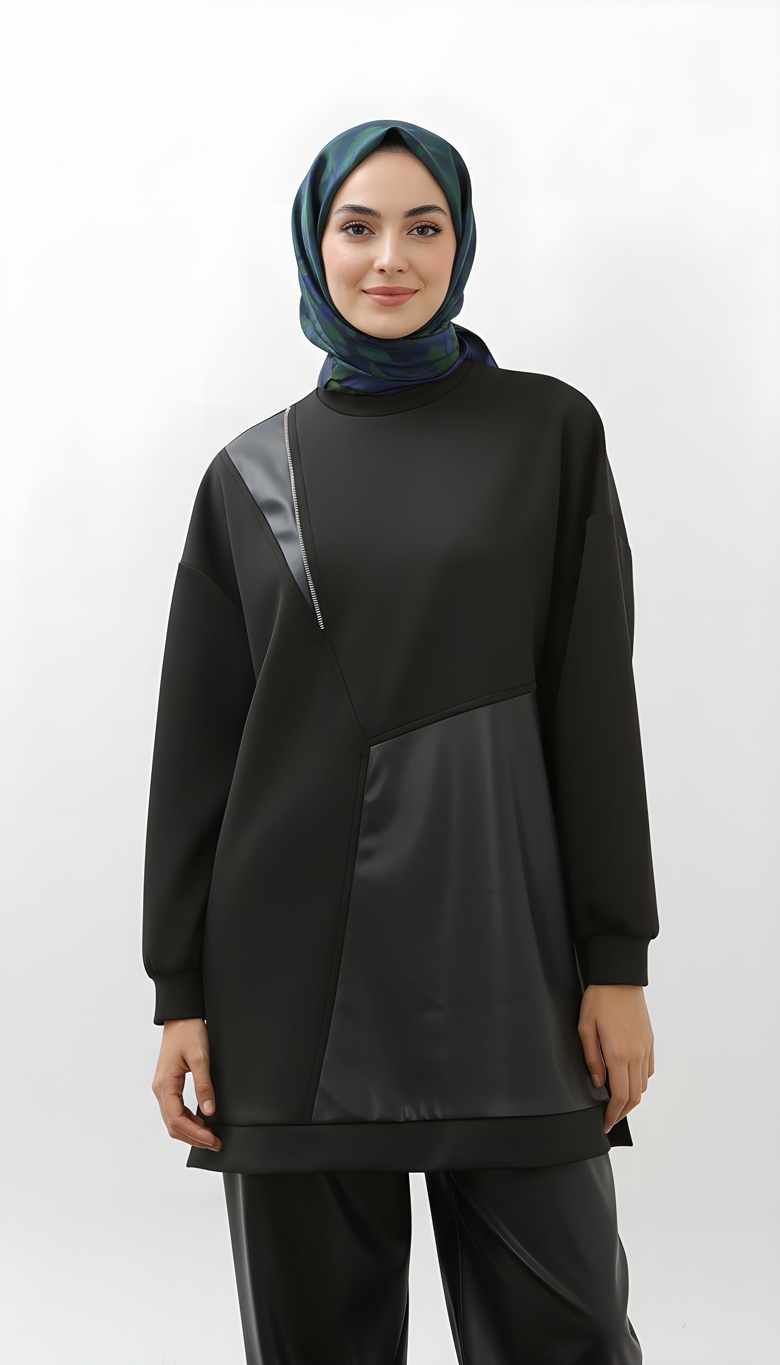 black oversized tunic with leather detail