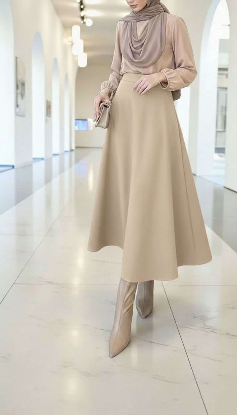 flowy elastic waist beige modest skirt