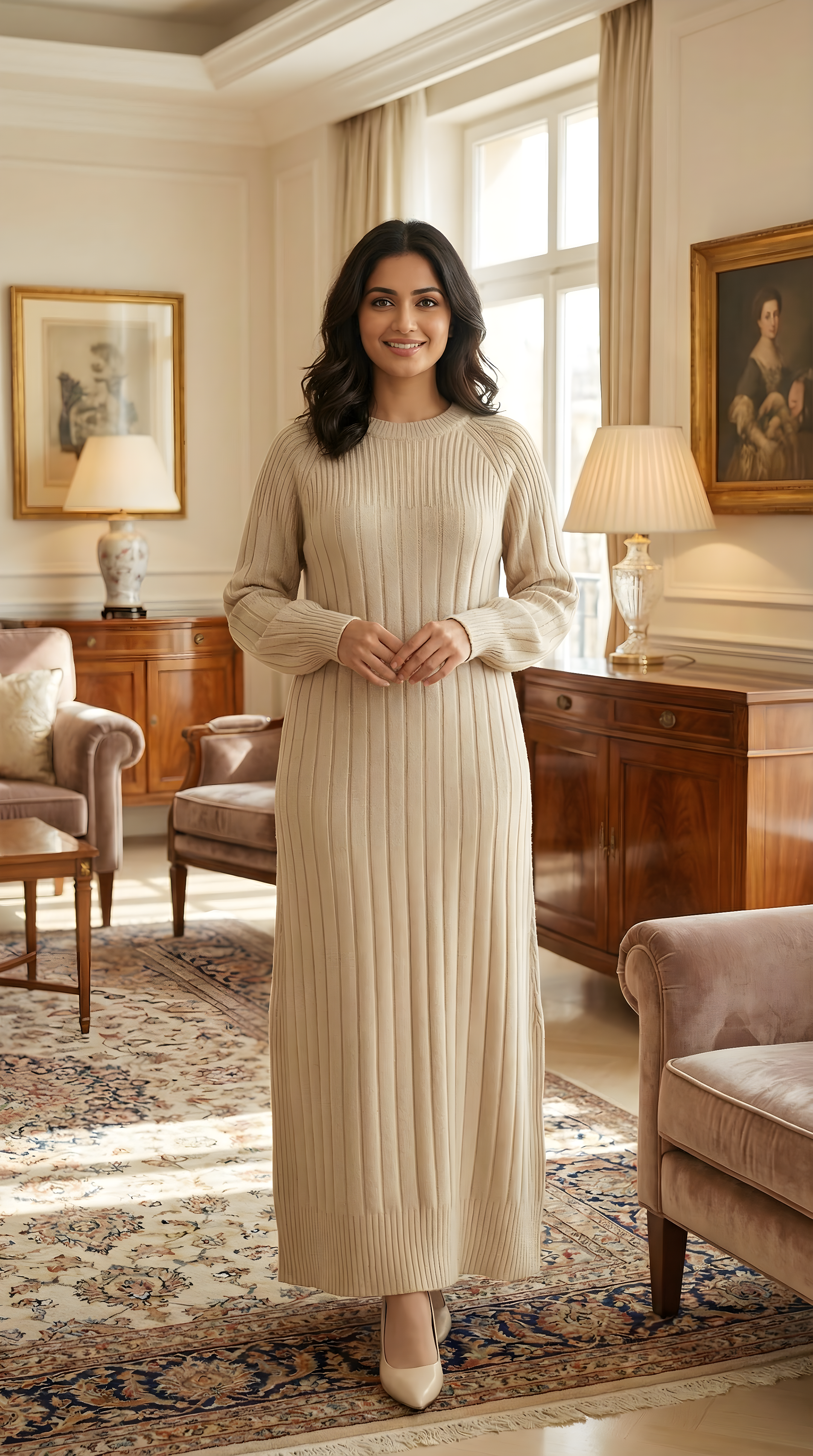 Beige Ribbed Knit Modest Maxi Dress