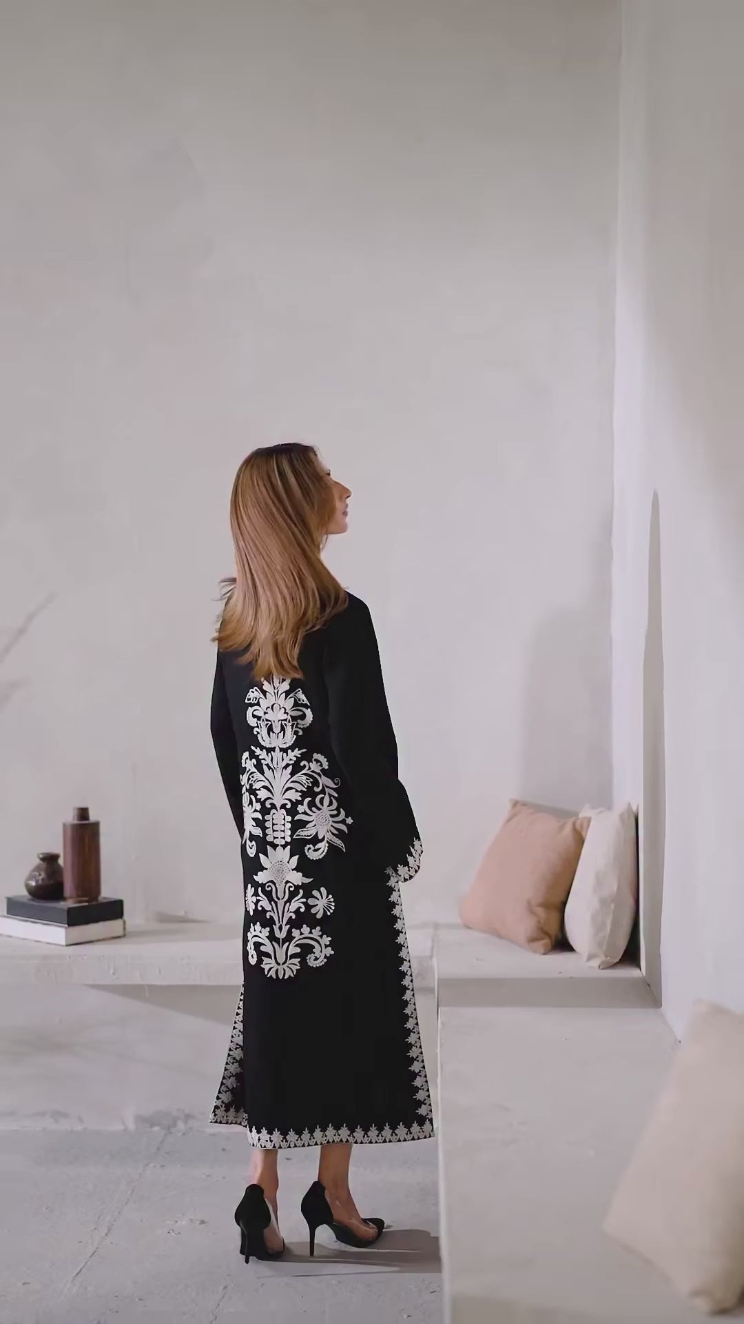 black festive modest outfit with embroidery