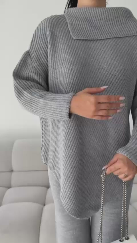 grey modest shawl collar oversized knit co ord set