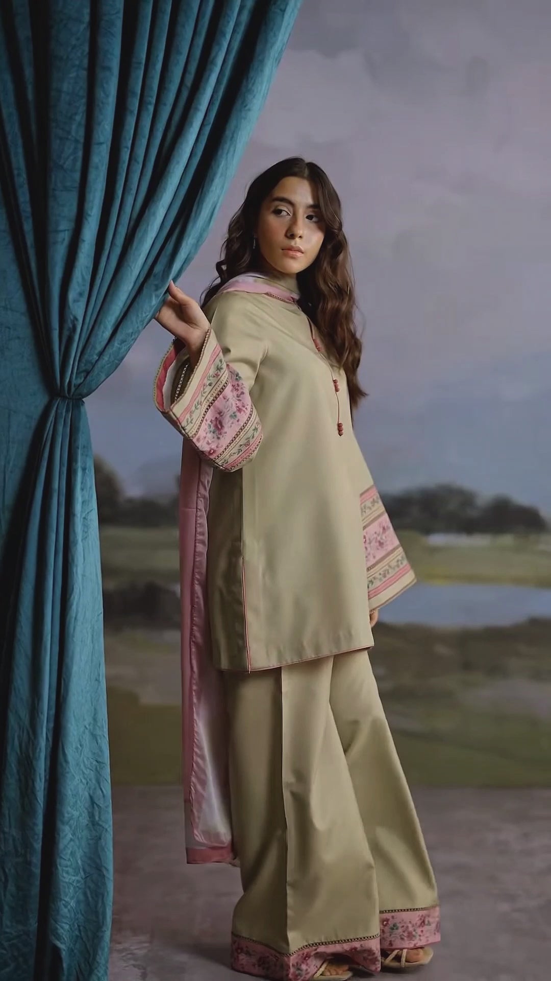 sand beige modest kurta set with blush detailing