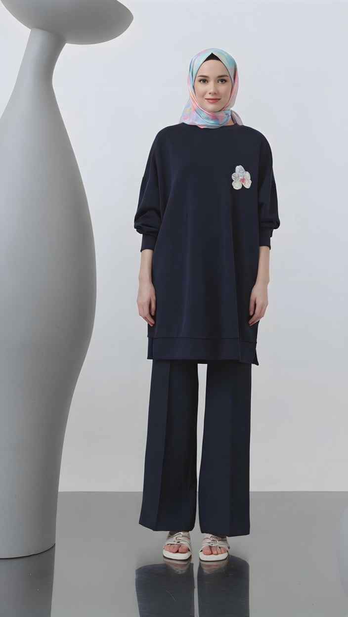 navy tunic with front and back floral embroidery